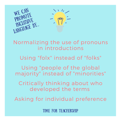 The Terms We Use Matter: Part 1. As teachers, it’s critically important we language that doesn’t offend our students or families. Check out the Time for Teachership blog post for a list of terms and questions to consider as you start the new school year. For more tips on educational equity, sign up for weekly emails at bit.ly/lindsayletter 