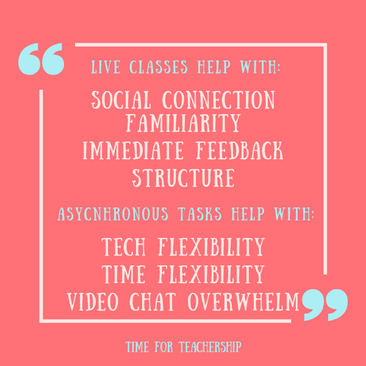 Live Classes or Asynchronous Tasks: Benefits of Each. How often should you hold class live? Can you do distance learning all asynchronously? Learn the benefits of each type & decide for yourself. Check out the blog post by Lindsay Lyons for Time for Teachership. For more tips for curriculum design, instructional strategies, & educational equity, sign up for weekly emails at bit.ly/lindsayletter 