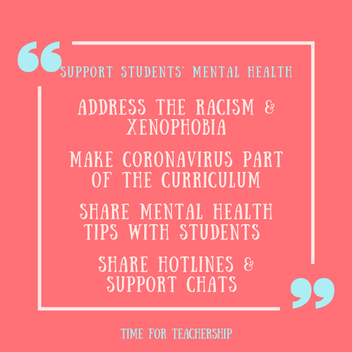 Supporting Students’ Mental Health During the Coronavirus Outbreak. Learn how teachers can support students’ mental health and well-being during school closures, and get links to additional resources. Check out the blog post by Lindsay Lyons for Time for Teachership. For more tips on instructional strategies, & educational equity, sign up for weekly emails at bit.ly/lindsayletter 